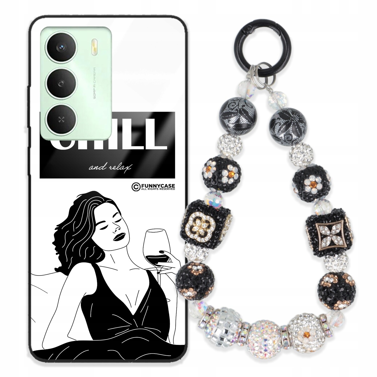 Pouzdro Pro Realme V70 5G Sklené Zásobní Černobílé Přívěsek Na Klíče Zirkony S Kameny Wz
