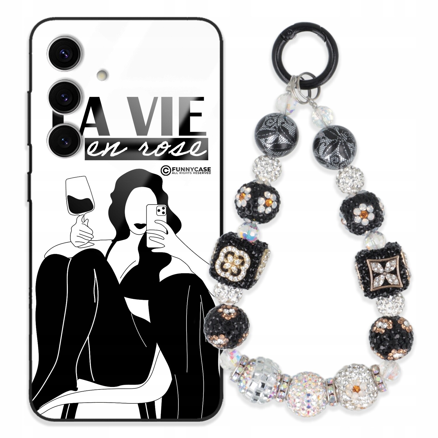 Pouzdro Pro Samsung S24 5G Sklené Dámské Černobílé Přívěsek Na Klíče Zirkony S Kamenínky Wz