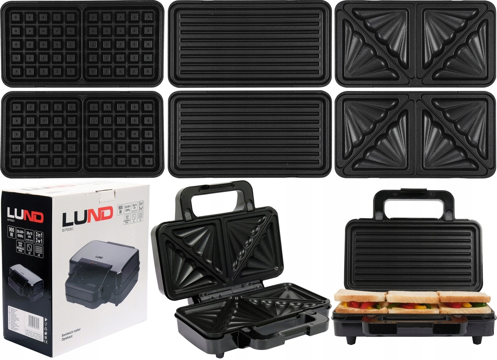 Vaflovač 3v1 Gril Opékač Toustovač Sendvičovač Opékač 900W 3 Grilovací Desky