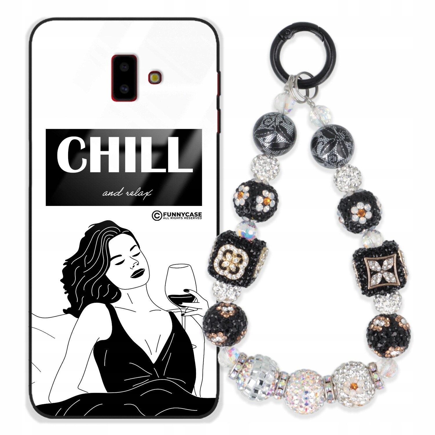 Pouzdro Pro Samsung J6 Plus 2018 Skleněné Černobílé Zirkony Na Klíče Přívěsek Na Klíče Wz