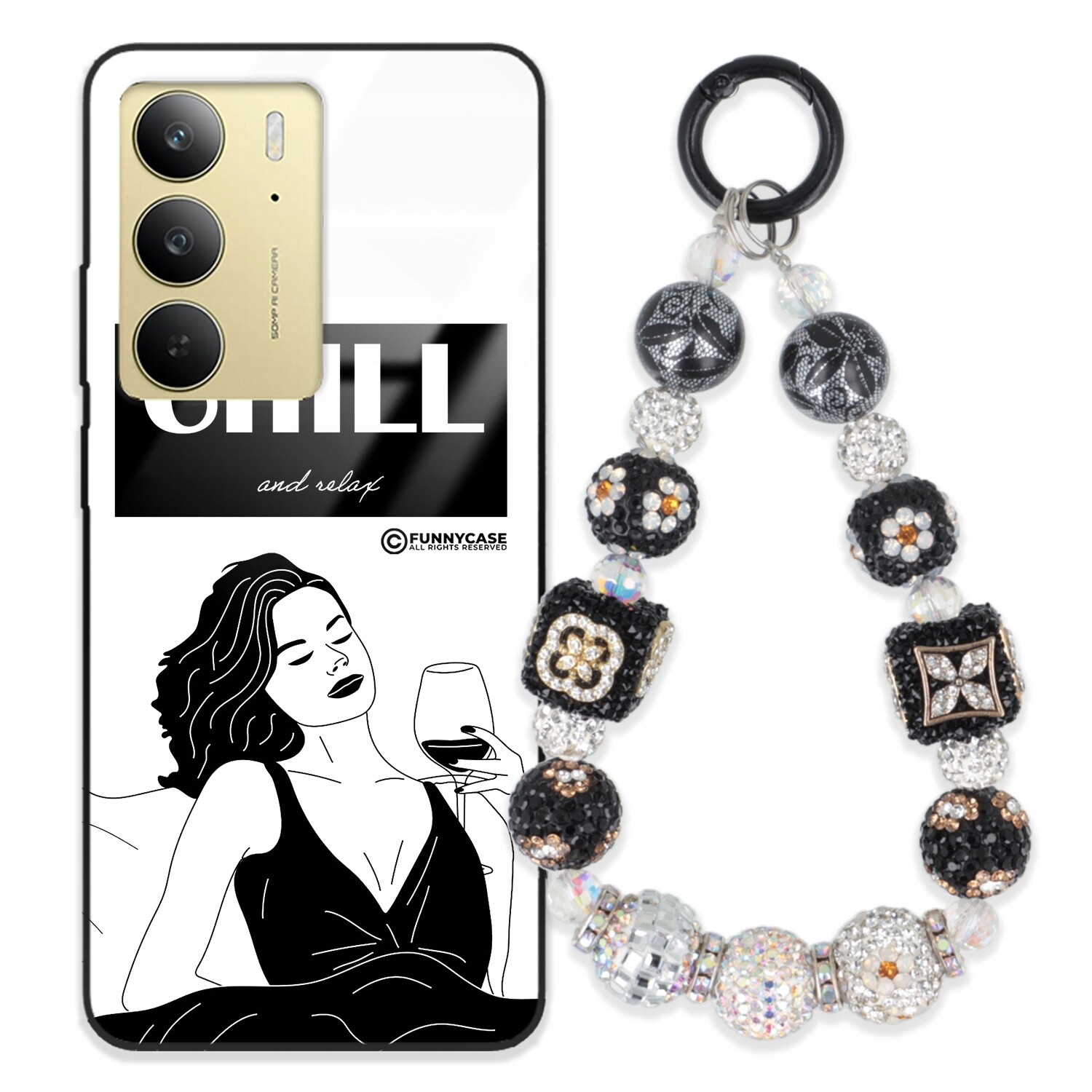 Pouzdro Pro Realme C75 Skleněné, Černobílé Přívěsek Na Klíče Zirkony Wz