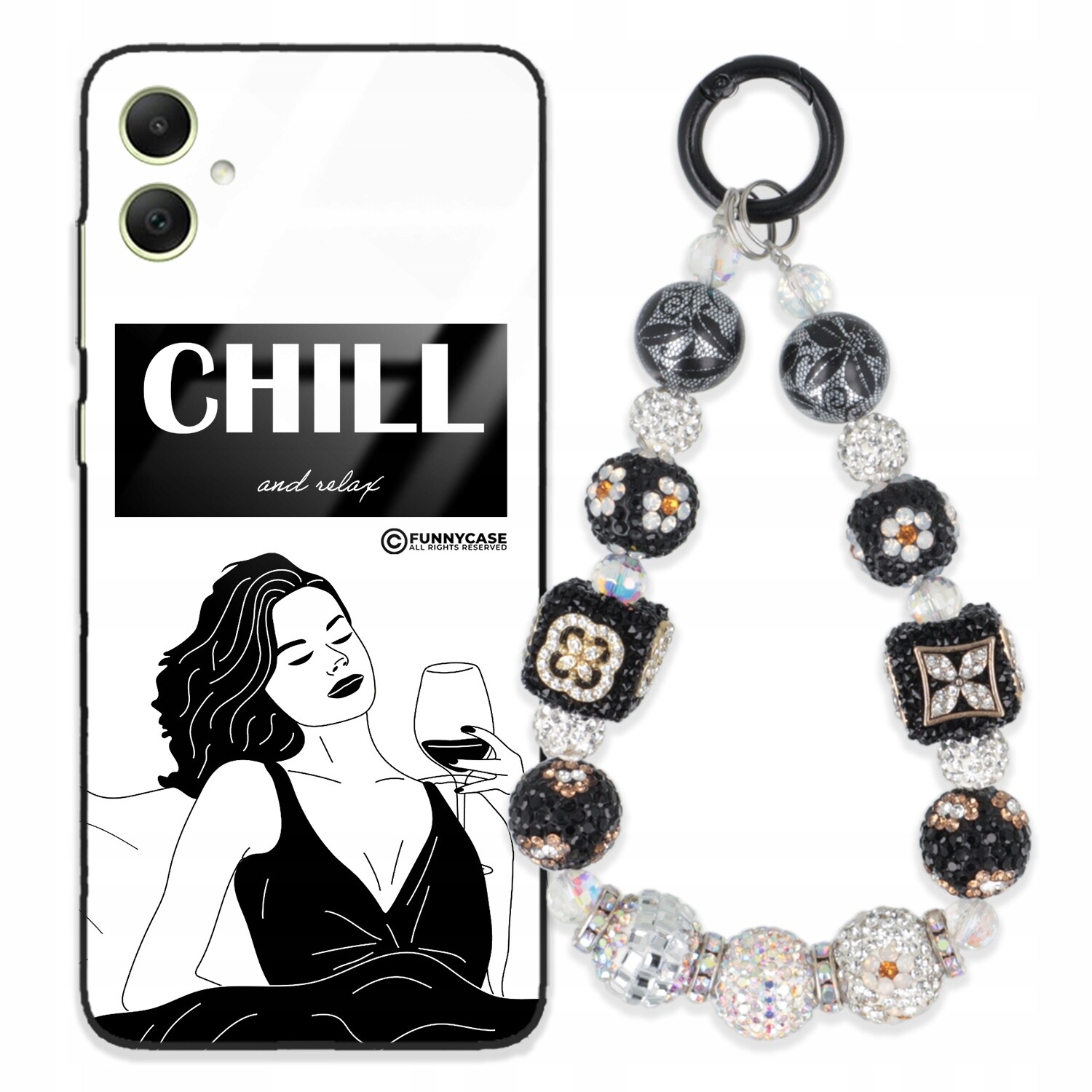 Pouzdro Pro Samsung A05 4G Skleněné, Dámské, Černobílé, Přívěsek Na Klíče Zirkony , Wz