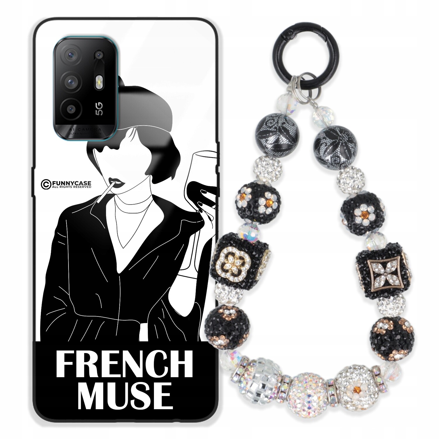 Pouzdro Pro Oppo A95 4G Sklené Dámské Černobílé Přívěsek Na Klíče Zirkony Wz