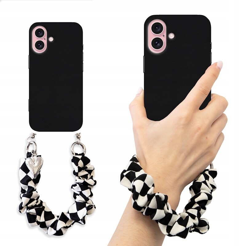 Pouzdro pro Iphone 16 Kryt Pouzdro Matné Černé Řetízek Šachovnice Srdce