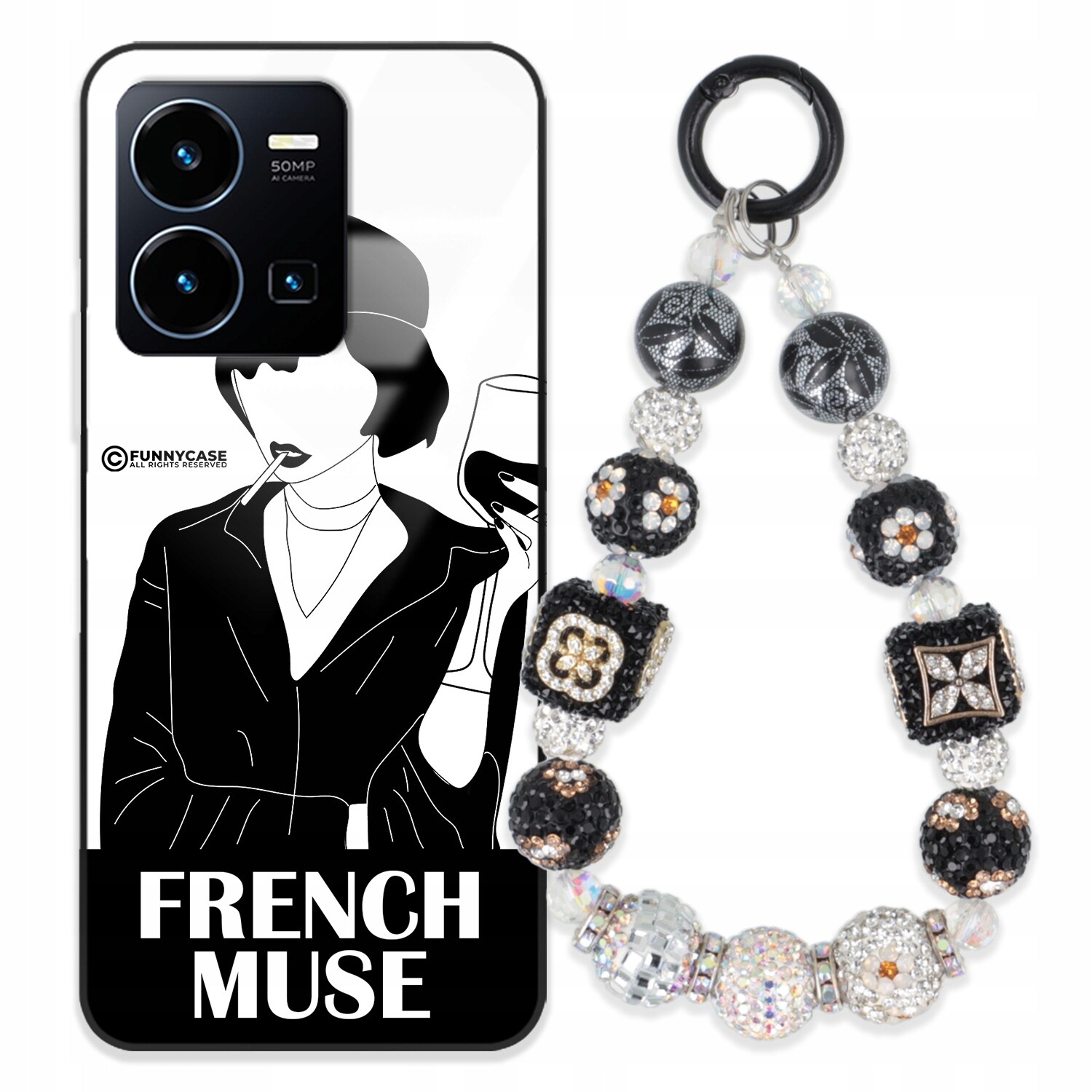 Dámský skleněný Zirkony pouzdro na Vivo černobílý a Přívěsek Na Klíče , se vzorem kamínků