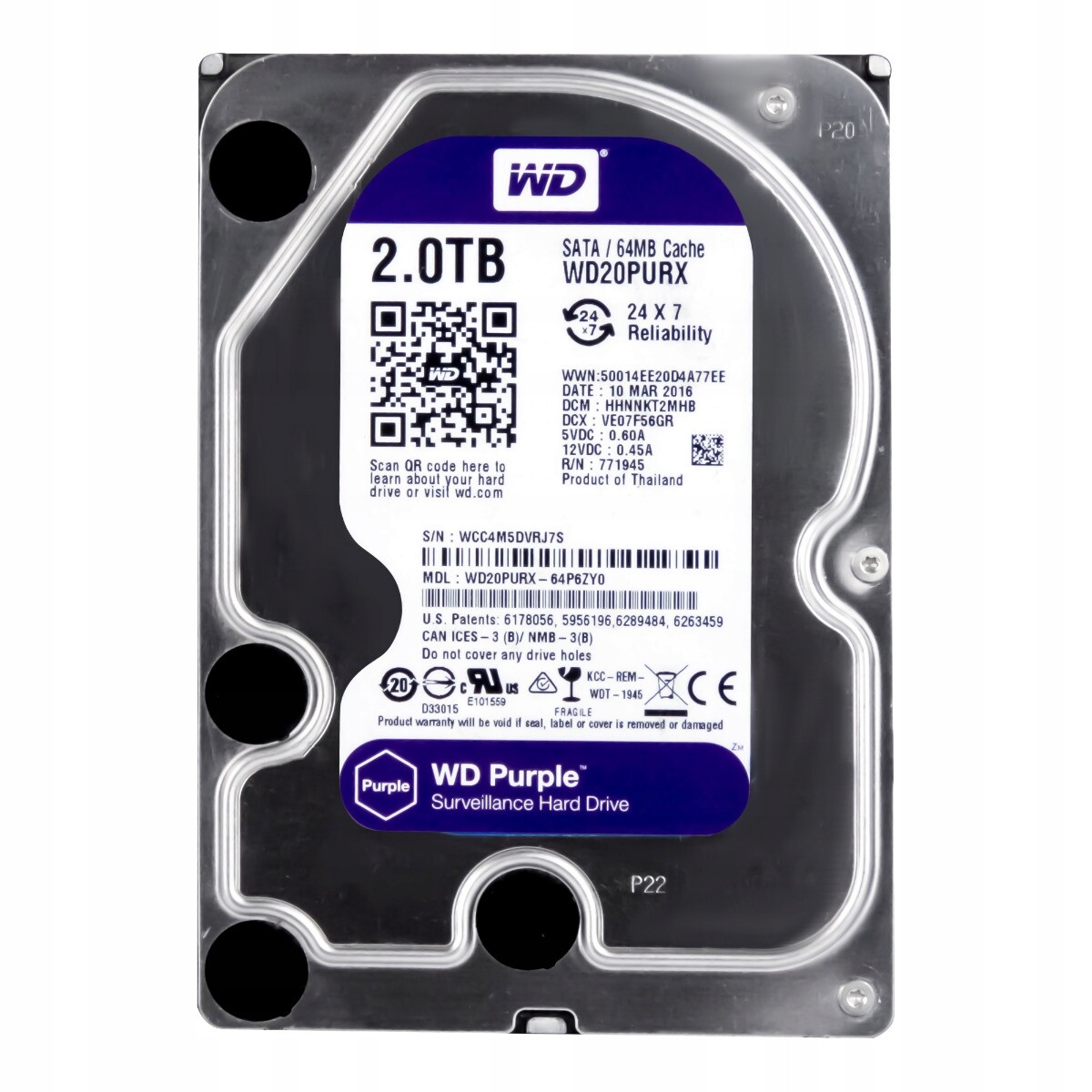 Wd Purple 2TB 5.4K 64MB Sata III 3.5'' WD20PURX
