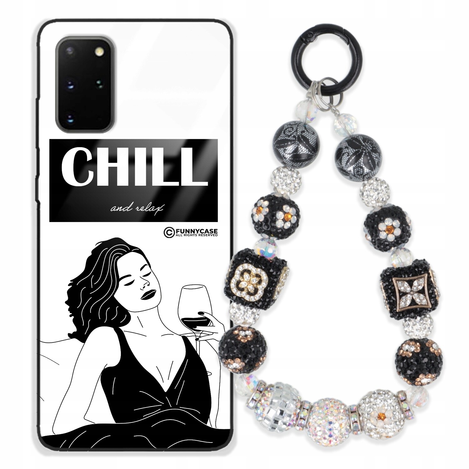 Pouzdro Pro Samsung S20 Plus 5G Sklo Černobílý Přívěšek Na Klíče Přívěsek Na Klíče Zirkony Wz