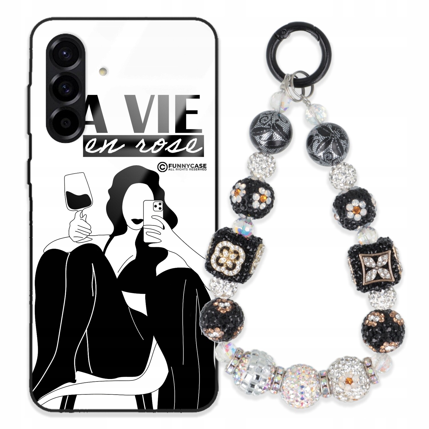 Pouzdro Pro Samsung A56 Skleněné, Černobílé Přívěsek Na Klíče Zirkony Wz