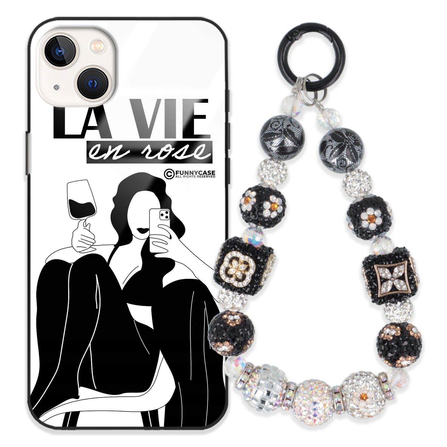 Pouzdro Pro Iphone 14 Plus Skleněné Dámské Černobílé Přívěsek Na Klíče Klíčenky Zirkony Wz