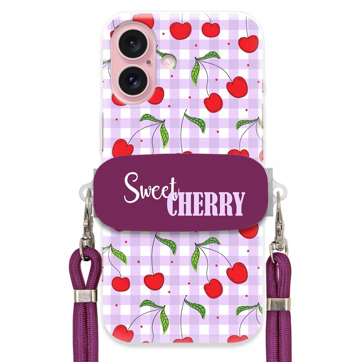 Pouzdro Pro Iphone 16 Case Ochrana Sladká Višeň Léto Držák Fialová Šňůra