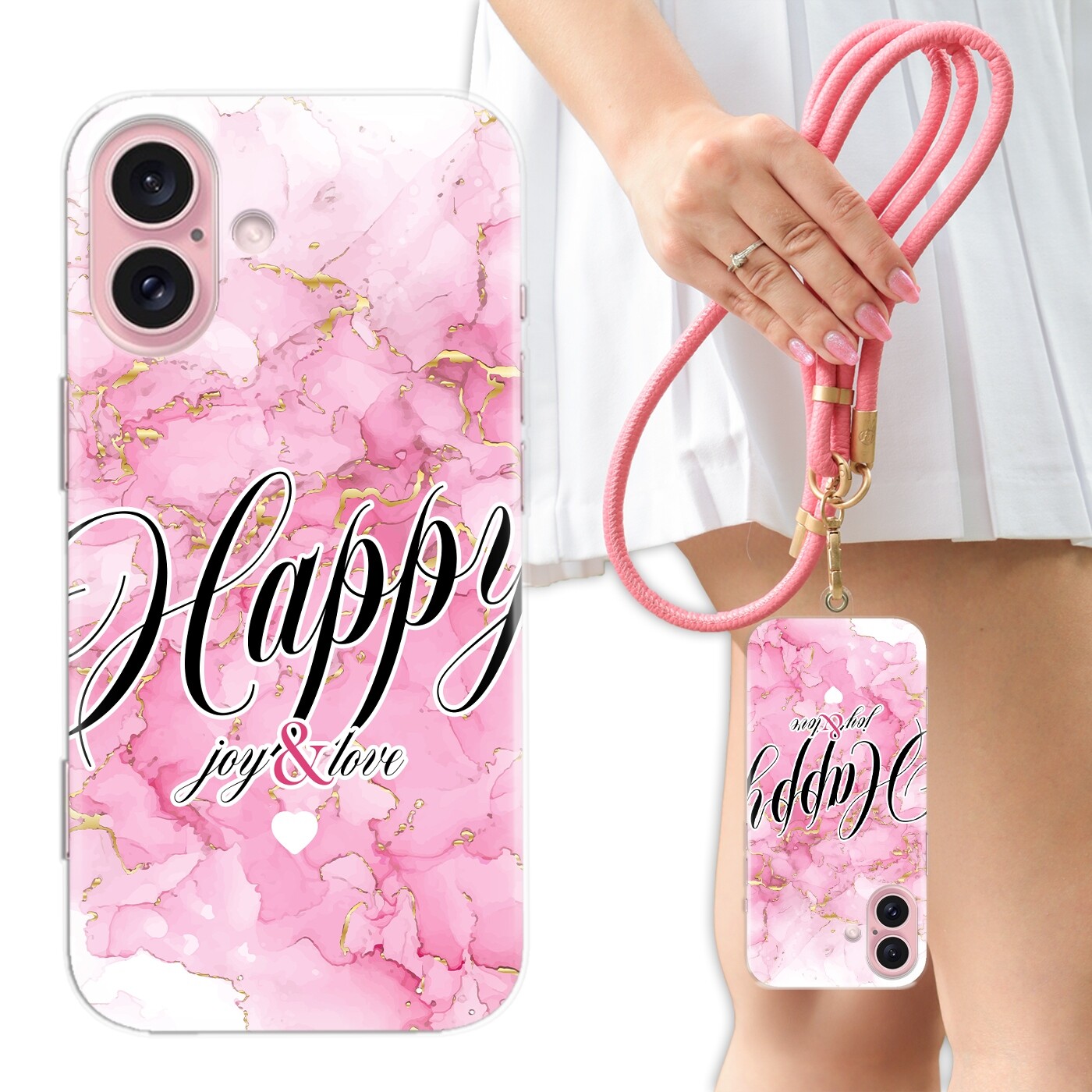 Pouzdro Pro Iphone 16 Case Crossbody Smyčka Růžové Mramorové Glamour Vzory