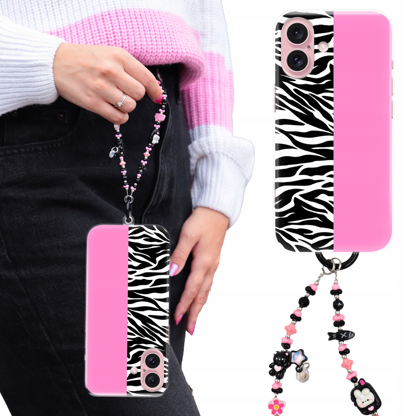 Pouzdro Pro Iphone 16 Kryt Clear Tpu| Přívěsek Na Klíče Kočička Růžovo-černé Vzory