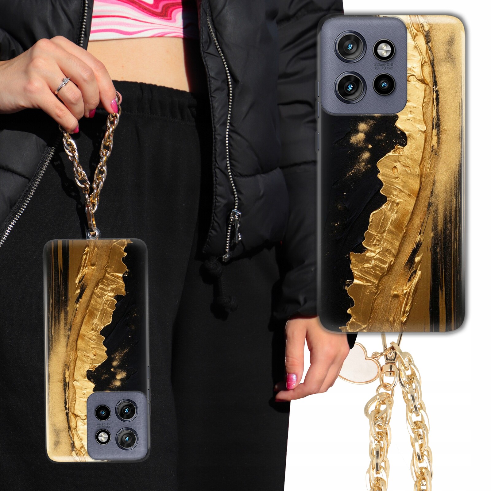 Pouzdro Pro Motorola Edge 50 Neo Case Kryt Glamour Ženský Řetěz Zlatý