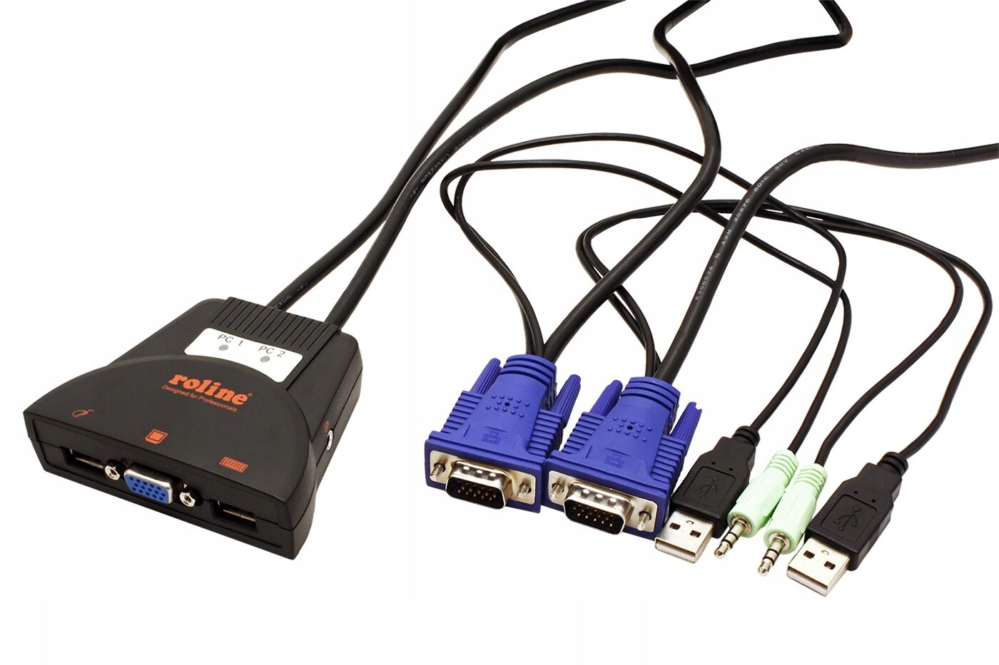 Roline Kvm přepínač (usb kláv. a myš,VGA,Audio) 2:1 USB,integrované kabely