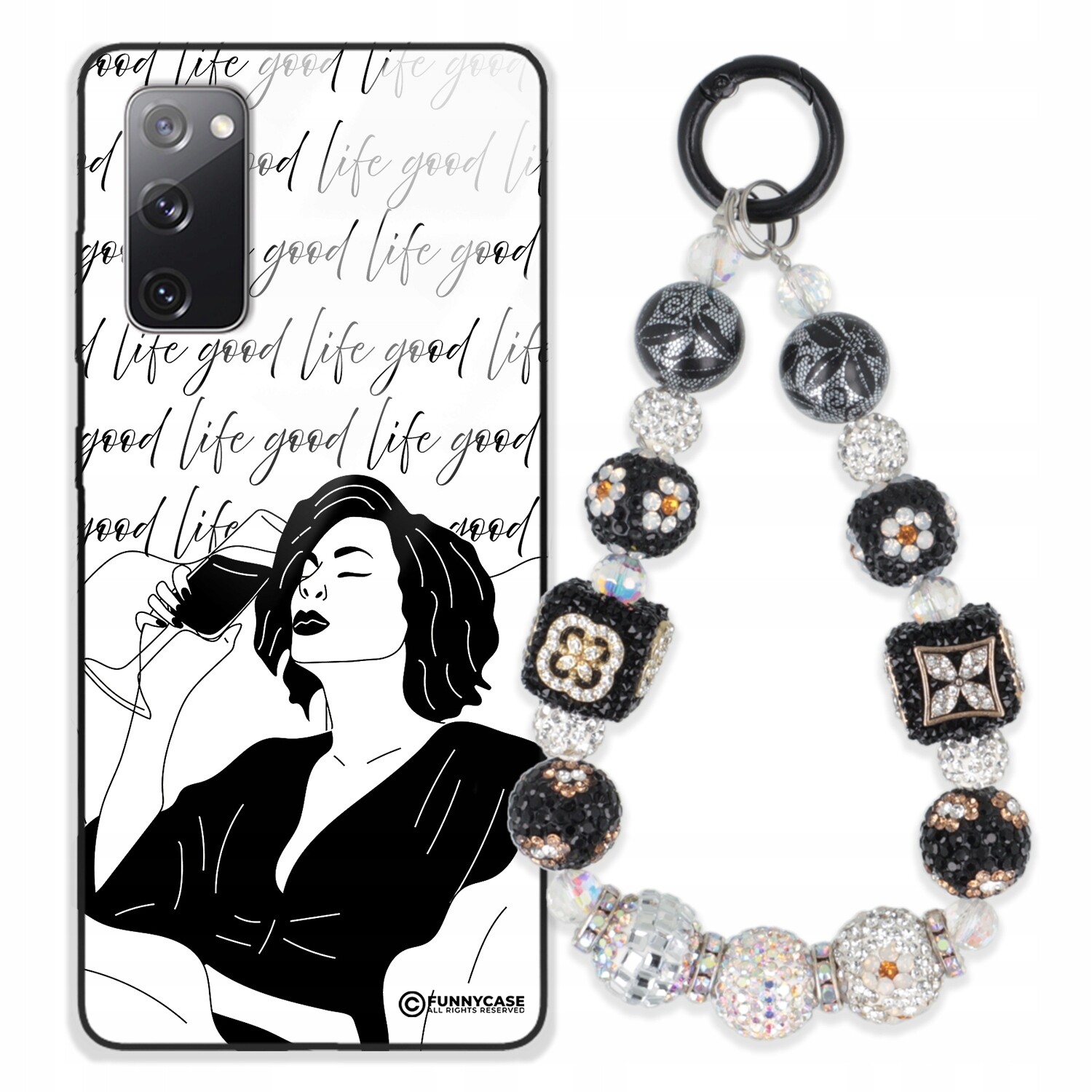 Pouzdro Pro Samsung S20 Lite Skleněné Umění Černobílý Přívěšek Na Klíče S Stříbrnými Přívěsek Na Klíče Zirkony