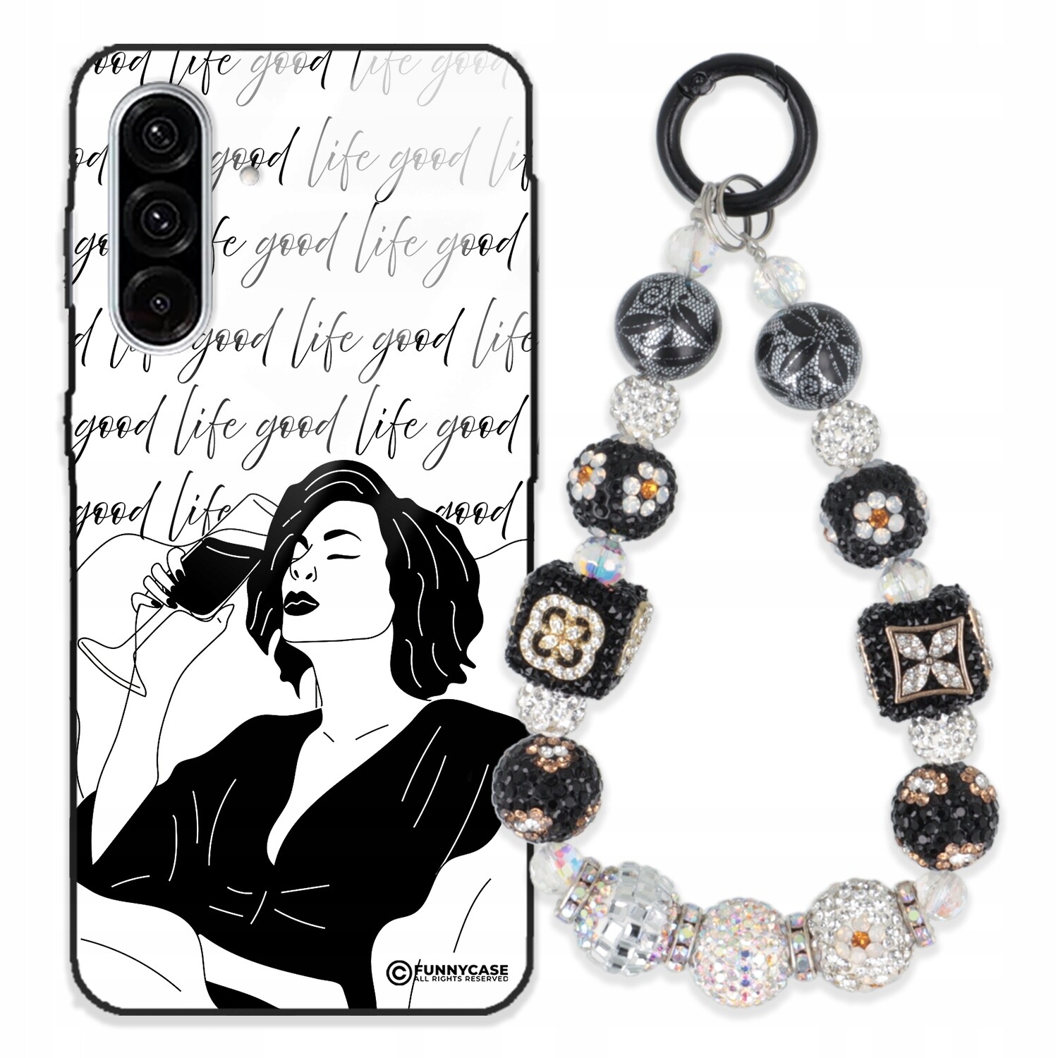 Pouzdro Pro Samsung A36 5G Sklené Dámské Černobílé Přívěsek Na Klíče Zirkony S Kamenínky Wz