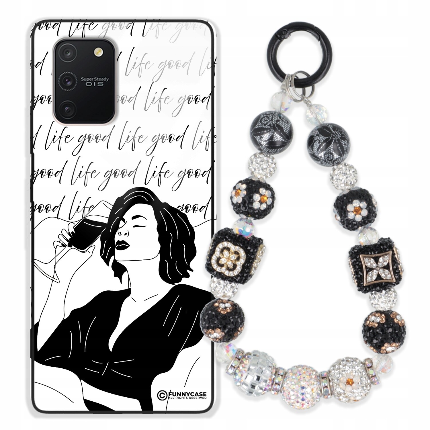 Pouzdro Pro Samsung S10 Lite Skleněné Umění Černobílý Přívěšek Na Klíče S Stříbrnými Přívěsek Na Klíče Zirkony