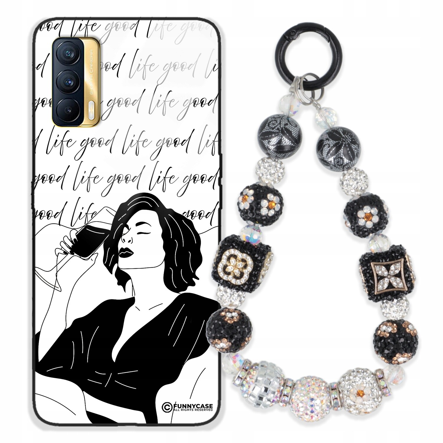 Pouzdro Pro Realme V15 Skleněné, Černobílé Přívěsek Na Klíče Zirkony Wz