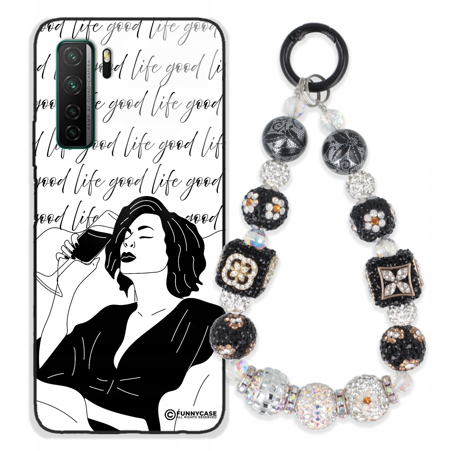 Pouzdro Pro Huawei P40 Lite 5G Skleněné Černobílé S Přívěskem Přívěsek Na Klíče Se Stříbrným Vzorem S Zirkony