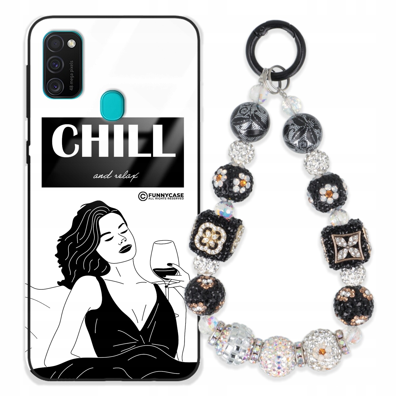 Pouzdro Pro Samsung M21 Skleněné Dámské Černobílé Přívěsek Na Klíče Zirkony Wz