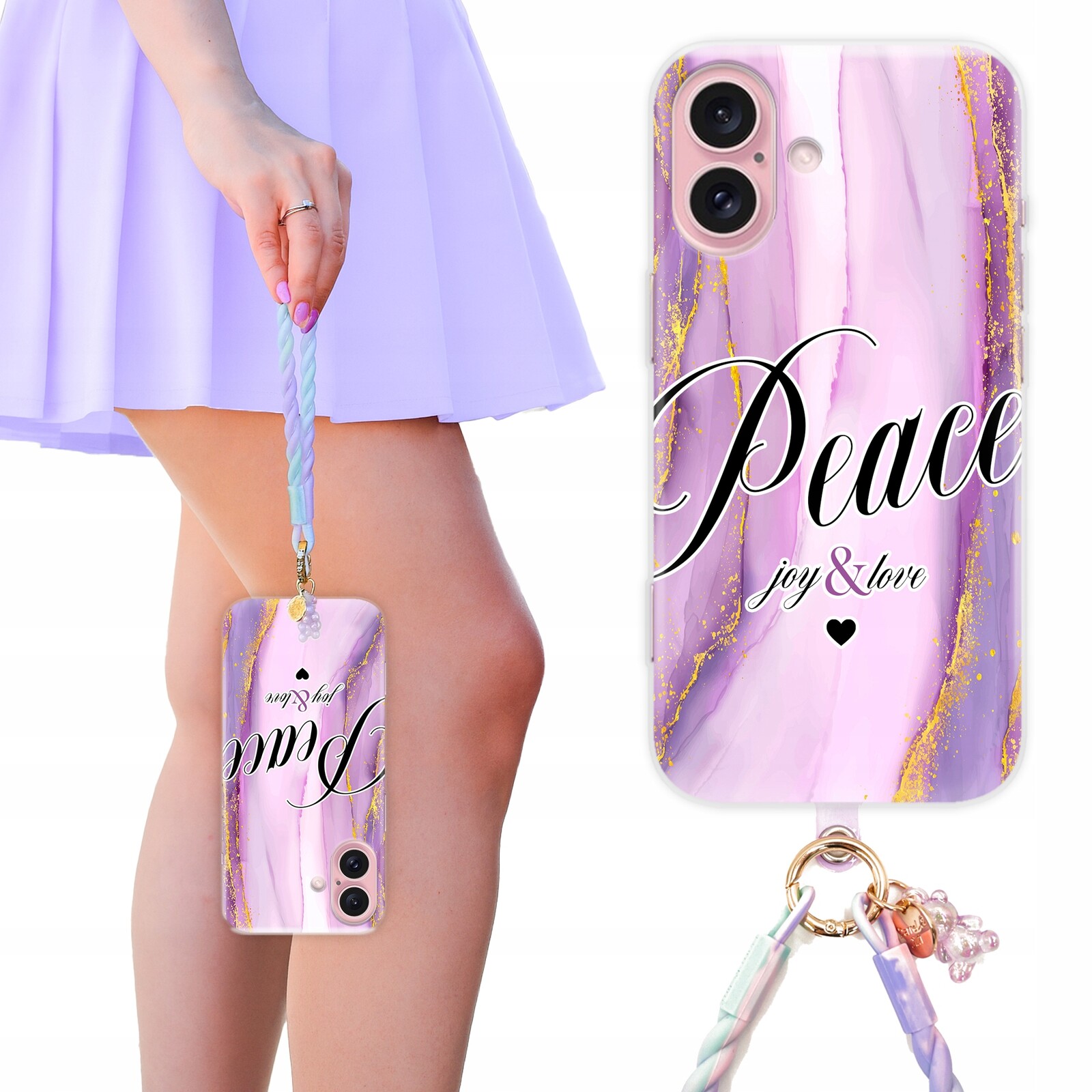 Pouzdro Pro Iphone 16 Case Peace Joy & Love fialovo-zlaté stylové ochranné