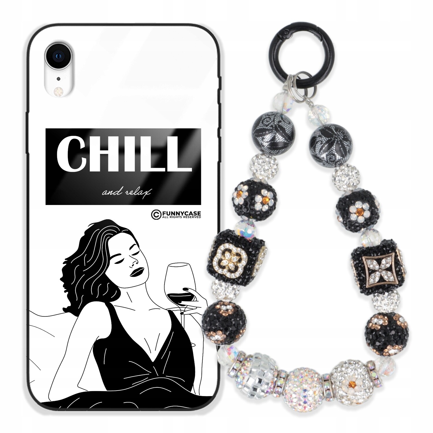 Dámský skleněný kryt na iPhone Xr, černobílý Přívěsek Na Klíče Zirkony se Pouzdro kamínků