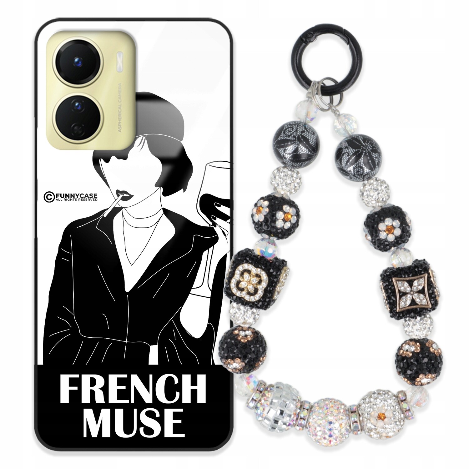 Dámský pouzdro na Vivo černobílý Přívěsek Na Klíče Zirkony s motivem kamínků