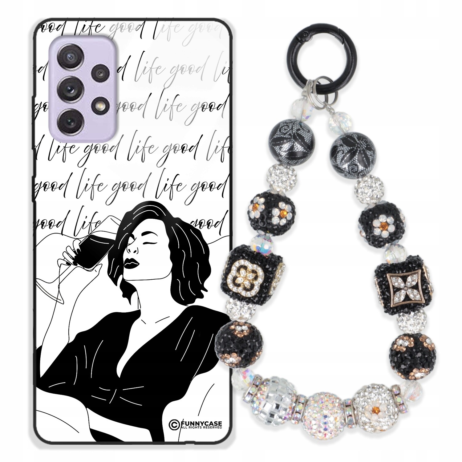 Pouzdro Pro Samsung A72 5G Sklené Dámské Černobílé Přívěsek Na Klíče Zirkony S Kamenínky Wz