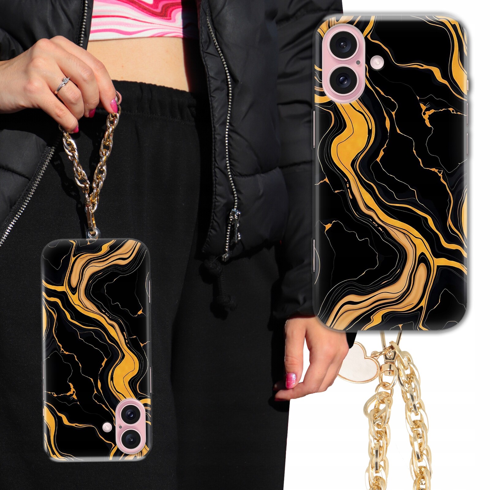 Pouzdro Pro Iphone 16 Pouzdro Premium Glamour Ženské Řetěz Zlatý MIX Vzorů