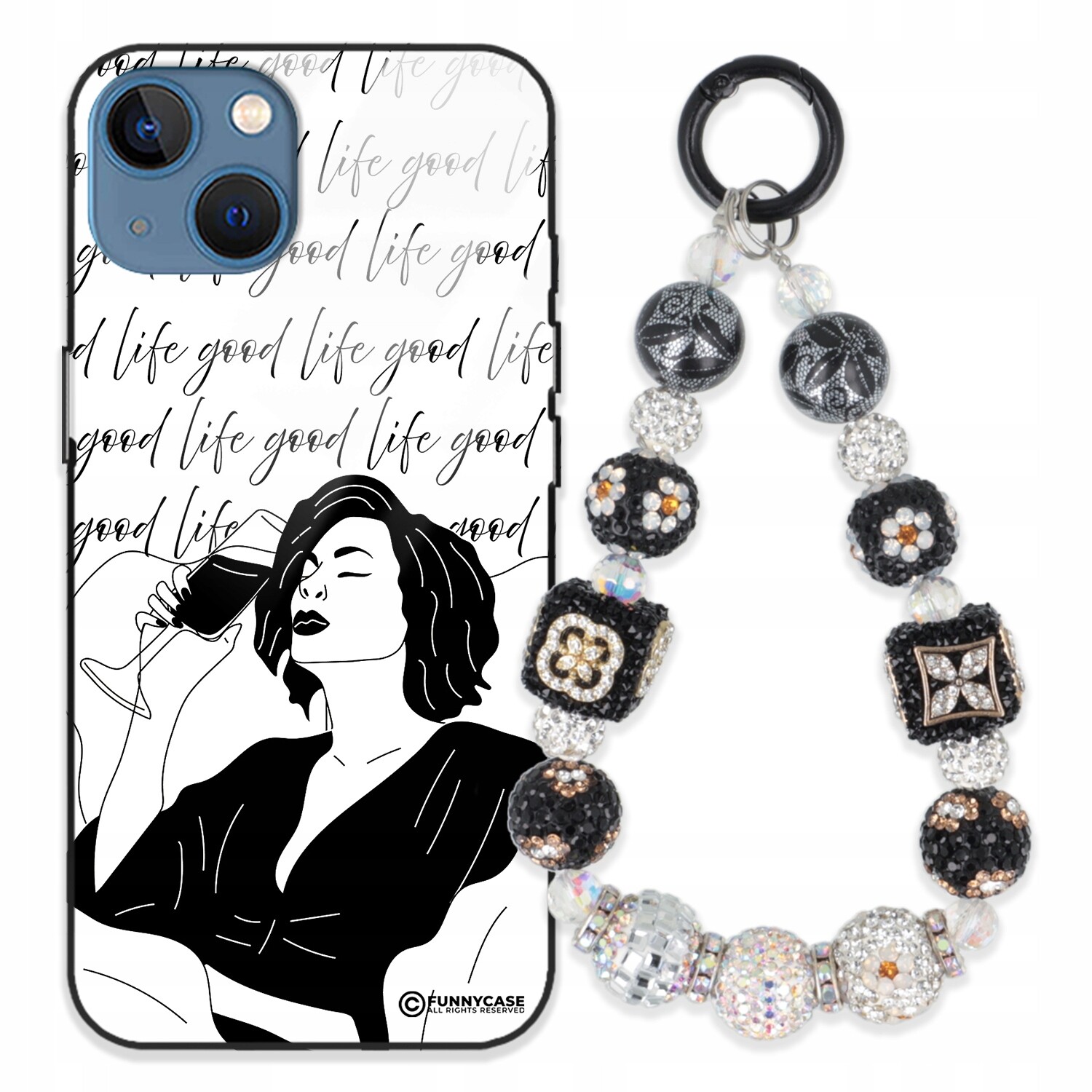 Dámský skleněný Pouzdro na iPhone 14, černobílý Přívěsek Na Klíče Zirkony klíče se vzorem kamínků