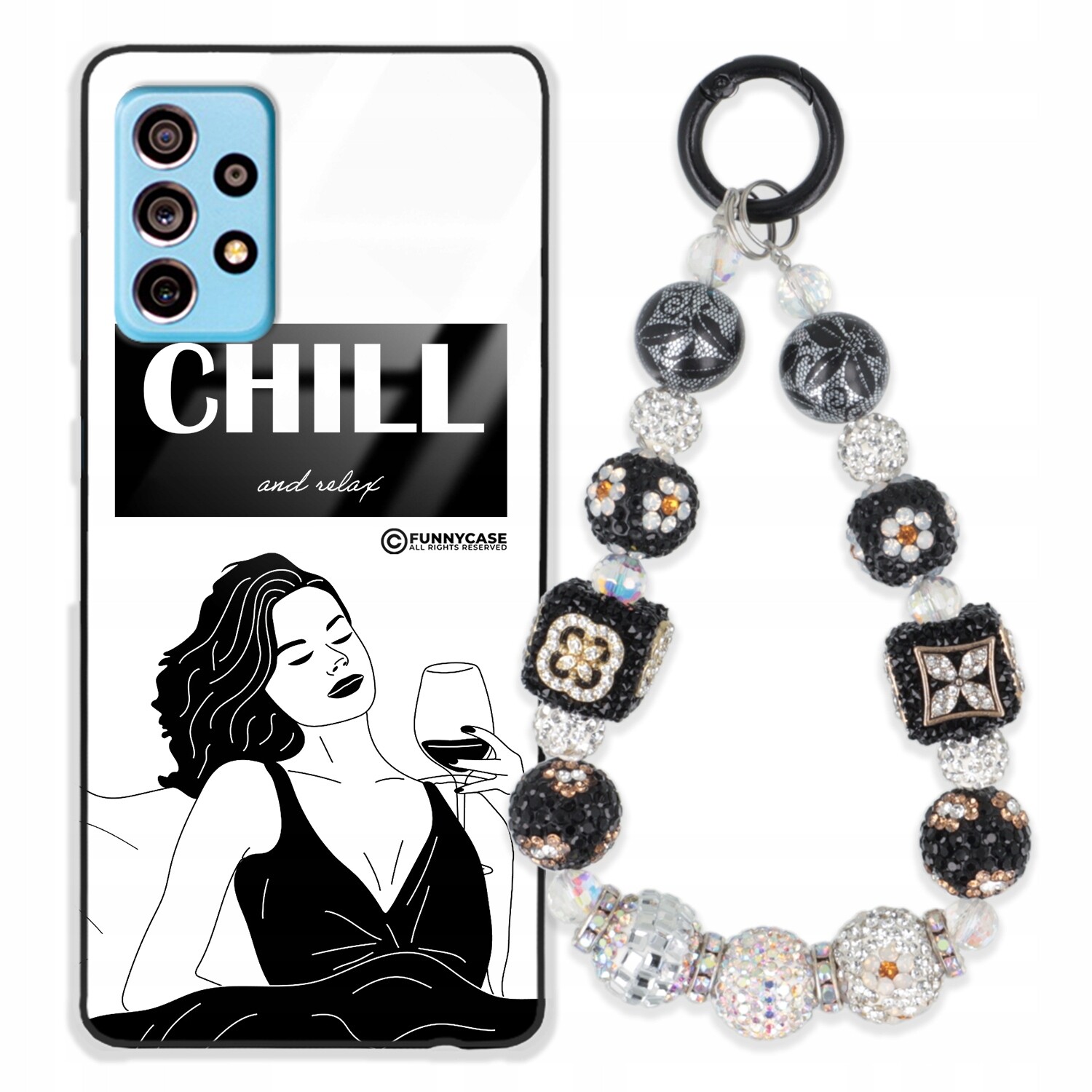 Pouzdro Pro Samsung A73 5G Skleněné Dámské Černobílé Přívěsek Na Klíče Zirkony S Kamenínky Wz