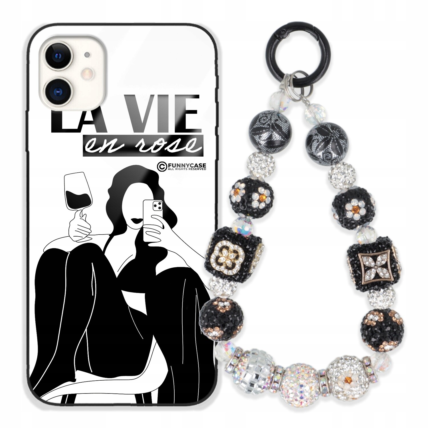 Dámský skleněný Pouzdro na iPhone 11, černobílý Přívěsek Na Klíče Zirkony se vzorem kamínků