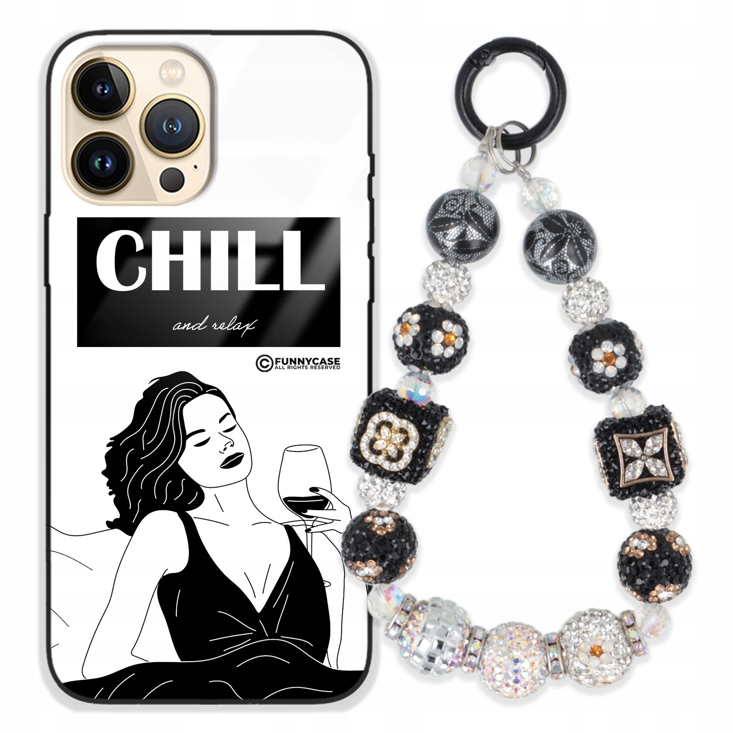 Pouzdro Pro Iphone 13 Pro Max Skleněné Umění Černobílý Přívěšek Na Klíče S Přívěsek Na Klíče Zirkony Wz