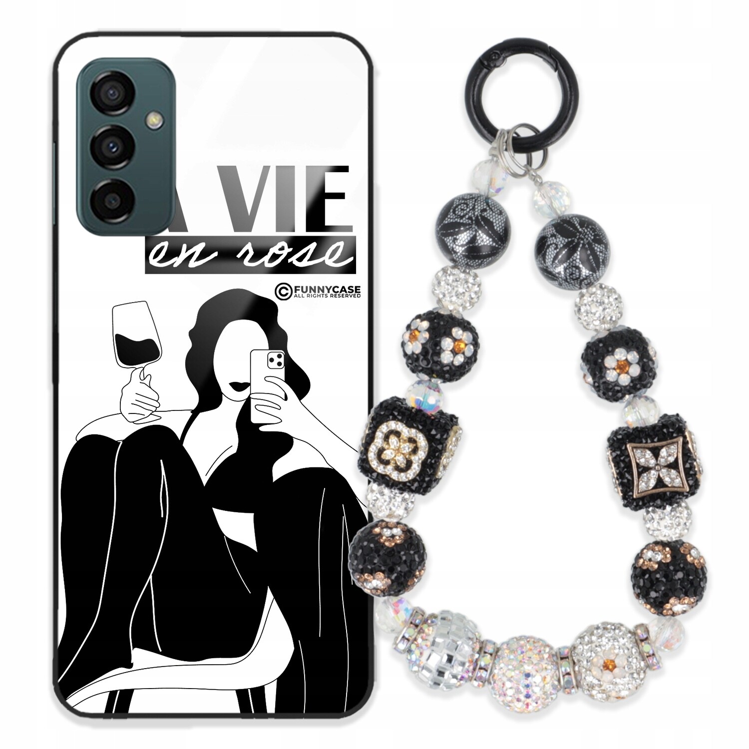 Pouzdro Pro Samsung M13 4G Skleněné Dámské Černobílé Přívěsek Na Klíče Zirkony S Kamenínky Wz