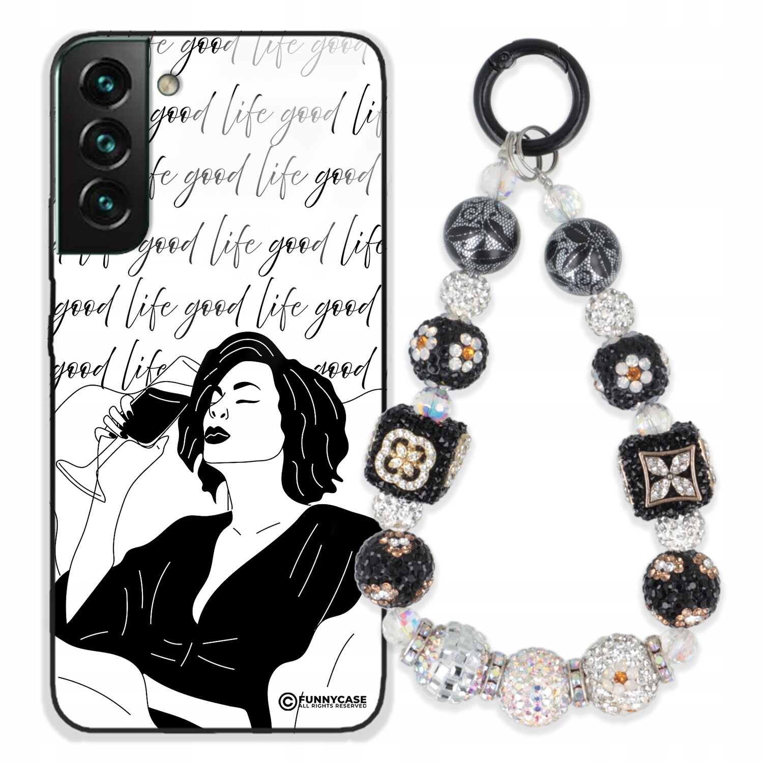 Pouzdro Pro Samsung S22 Plus Skleněné Umění Černobílý Zirkony Na Klíče S Stříbrnými Přívěsek Na Klíče Wz