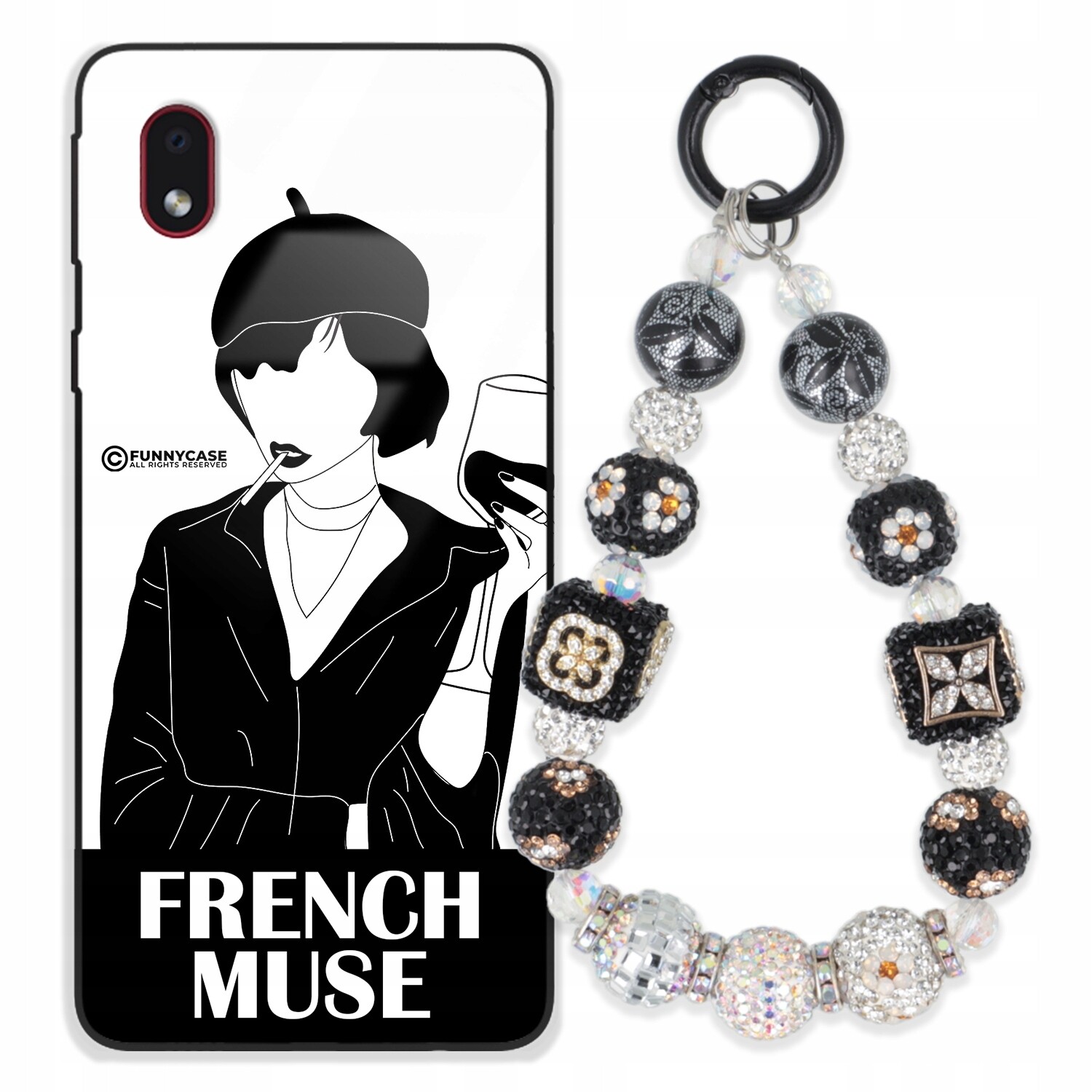 Pouzdro Pro Samsung A01 Core Glass Art Černobílý Zirkony Na Klíče S Přívěsek Na Klíče Wz