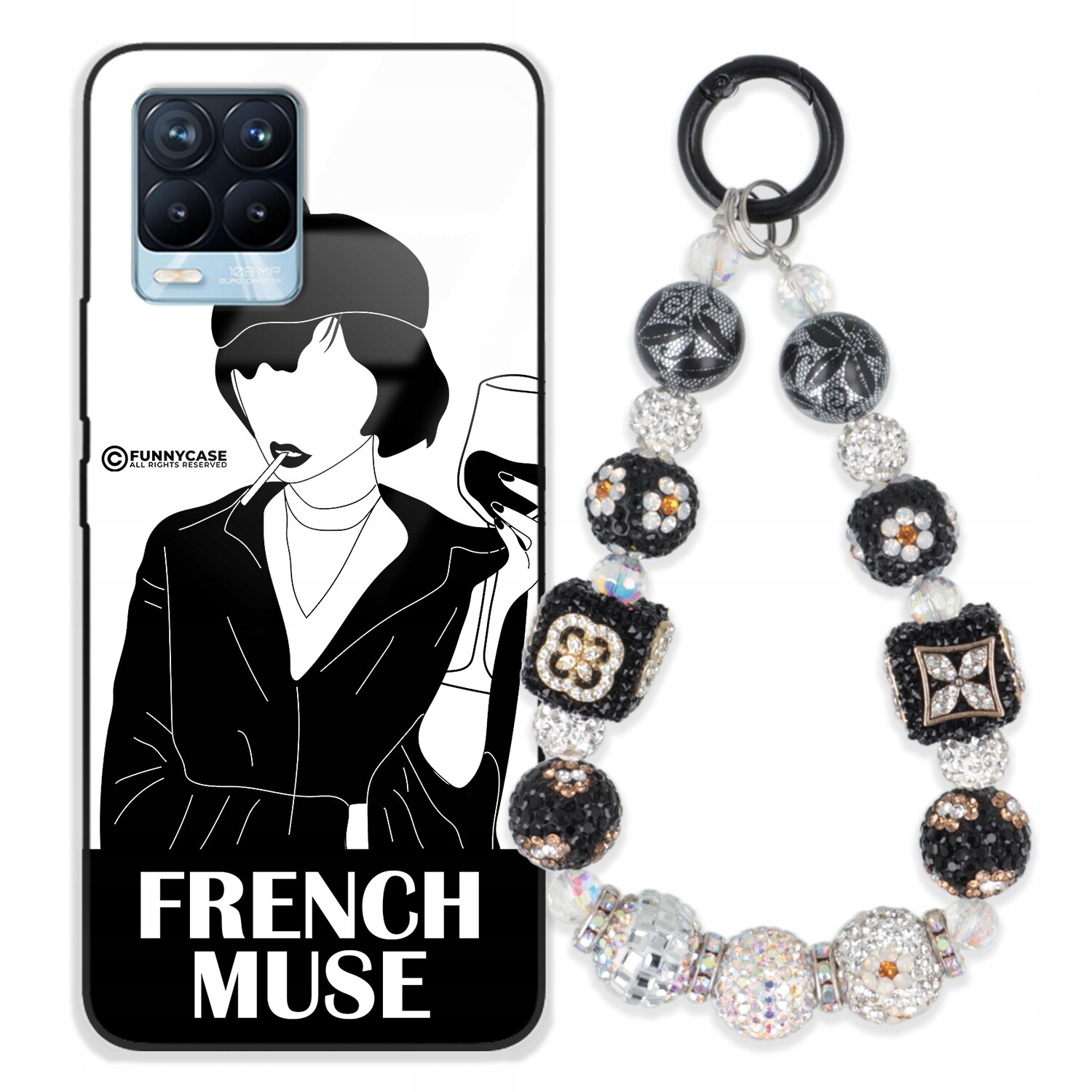 Pouzdro Pro Realme 8 Pro Skleněné, Černobílé, Stříbrné, Zirkony Přívěsek Na Klíče Wz