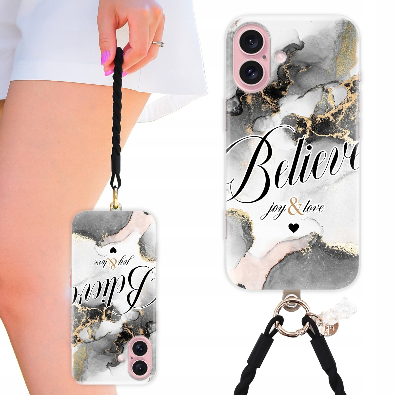 Pouzdro Pro Iphone 16 Kryt Believe – černo-zlatý mramor joy & love