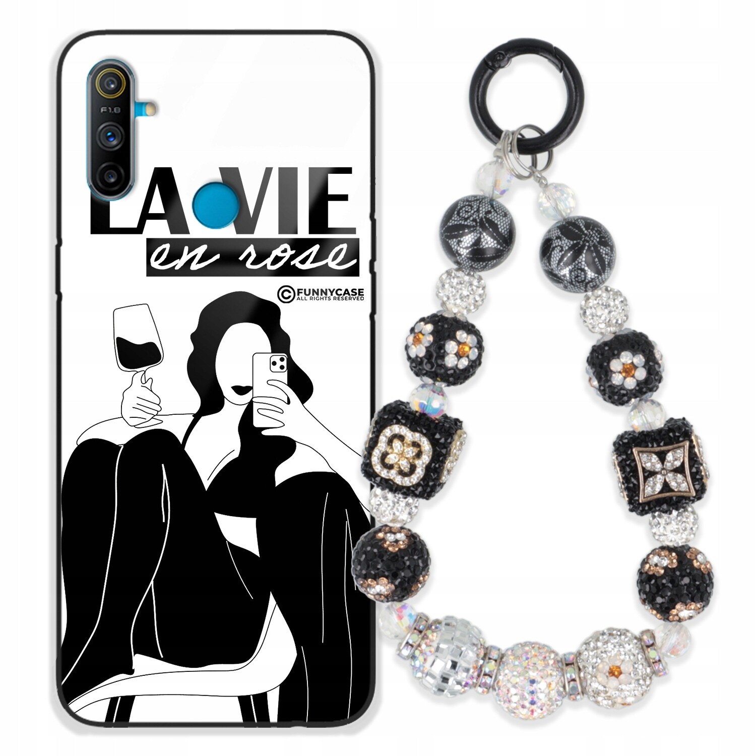 Pouzdro Pro Realme C3 Glass Dámské Černobílé Přívěsek Na Klíče Zirkony Klíče S Vzorem Kamínků