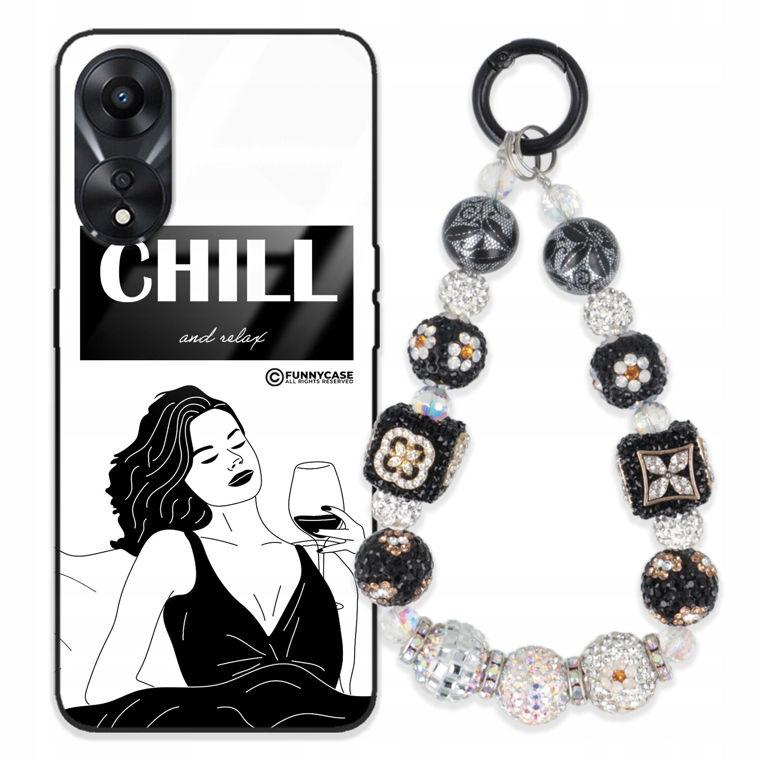 Pouzdro Pro Oppo A78 5G Skleněné, Černobílé Přívěsek Na Klíče Zirkony Wz