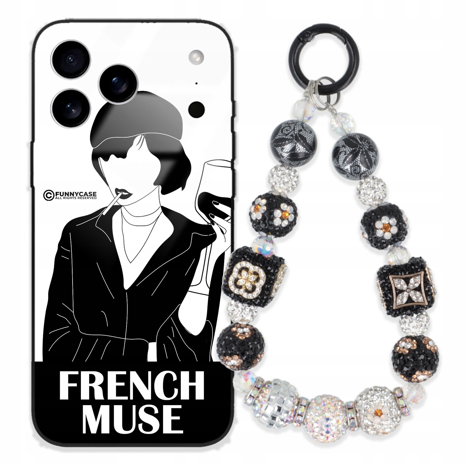 Pouzdro Pro Iphone 17 Pro Max Skleněné Umění Černobílý Přívěsek Na Klíče Zirkony Wz