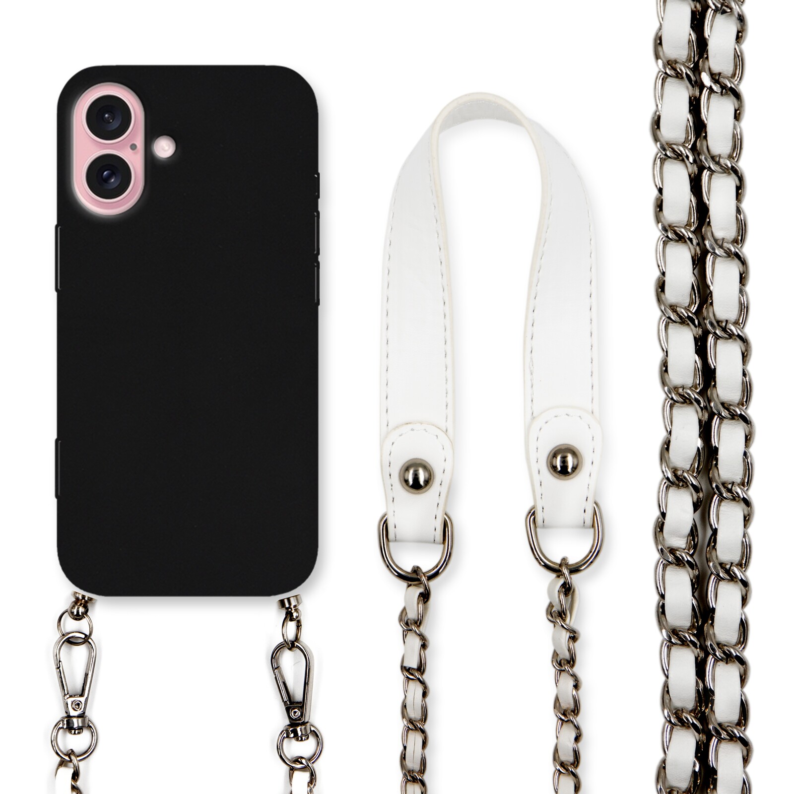 Pouzdro Matné Černé pro Iphone 16 Stylové vodítko Černý Řetěz Bílá kůže