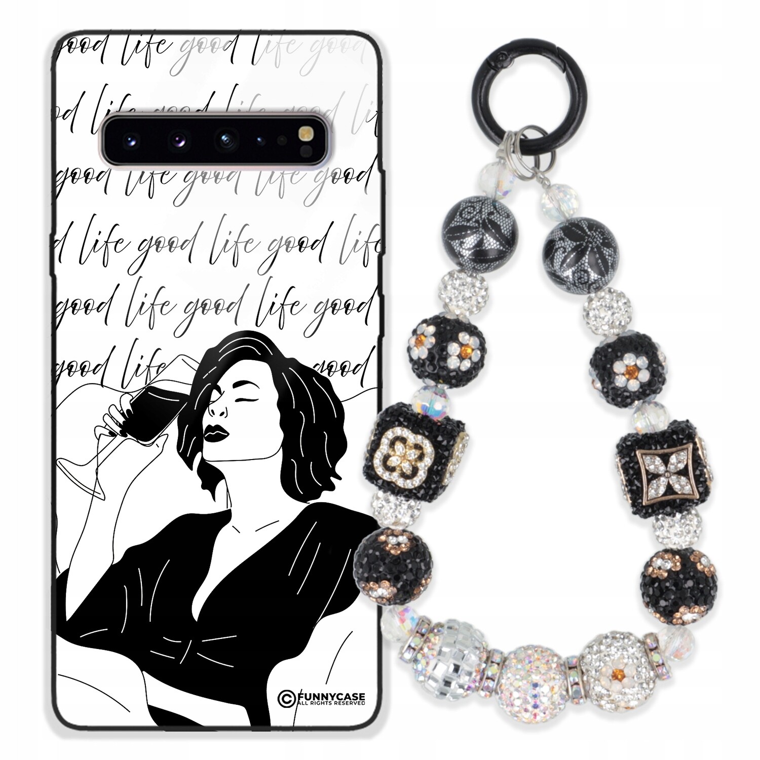 Pouzdro Pro Samsung S10 5G Sklené Dámské Černobílé Přívěsek Na Klíče Zirkony S Kamenínky Wz