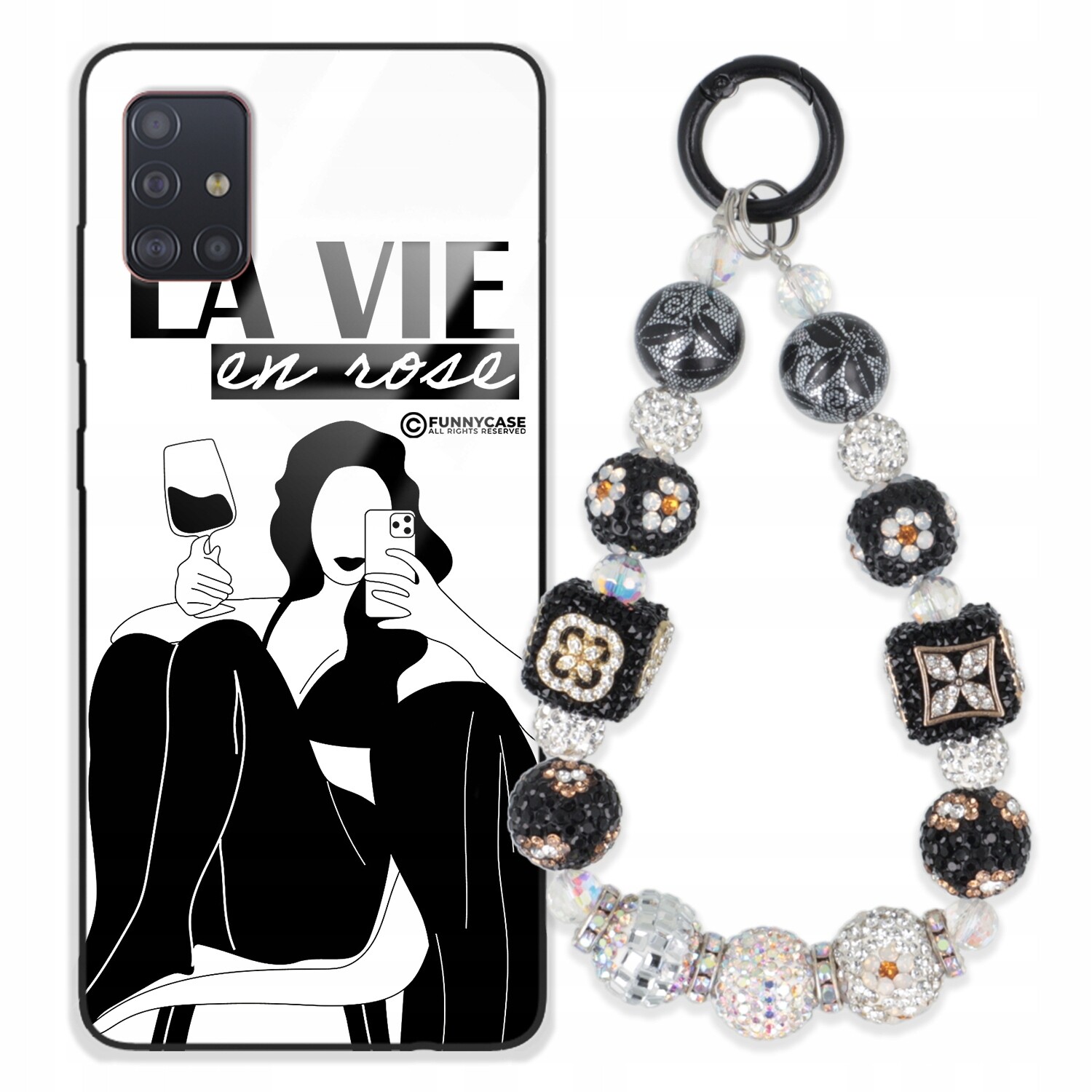 Dámský skleněný Pouzdro pro Samsung A51, černobílý Přívěsek Na Klíče Zirkony modrá