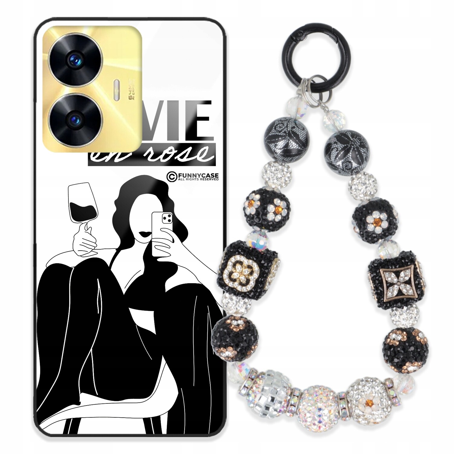 Pouzdro Pro Realme C55 Skleněné, Černobílé Přívěsek Na Klíče Zirkony Wz