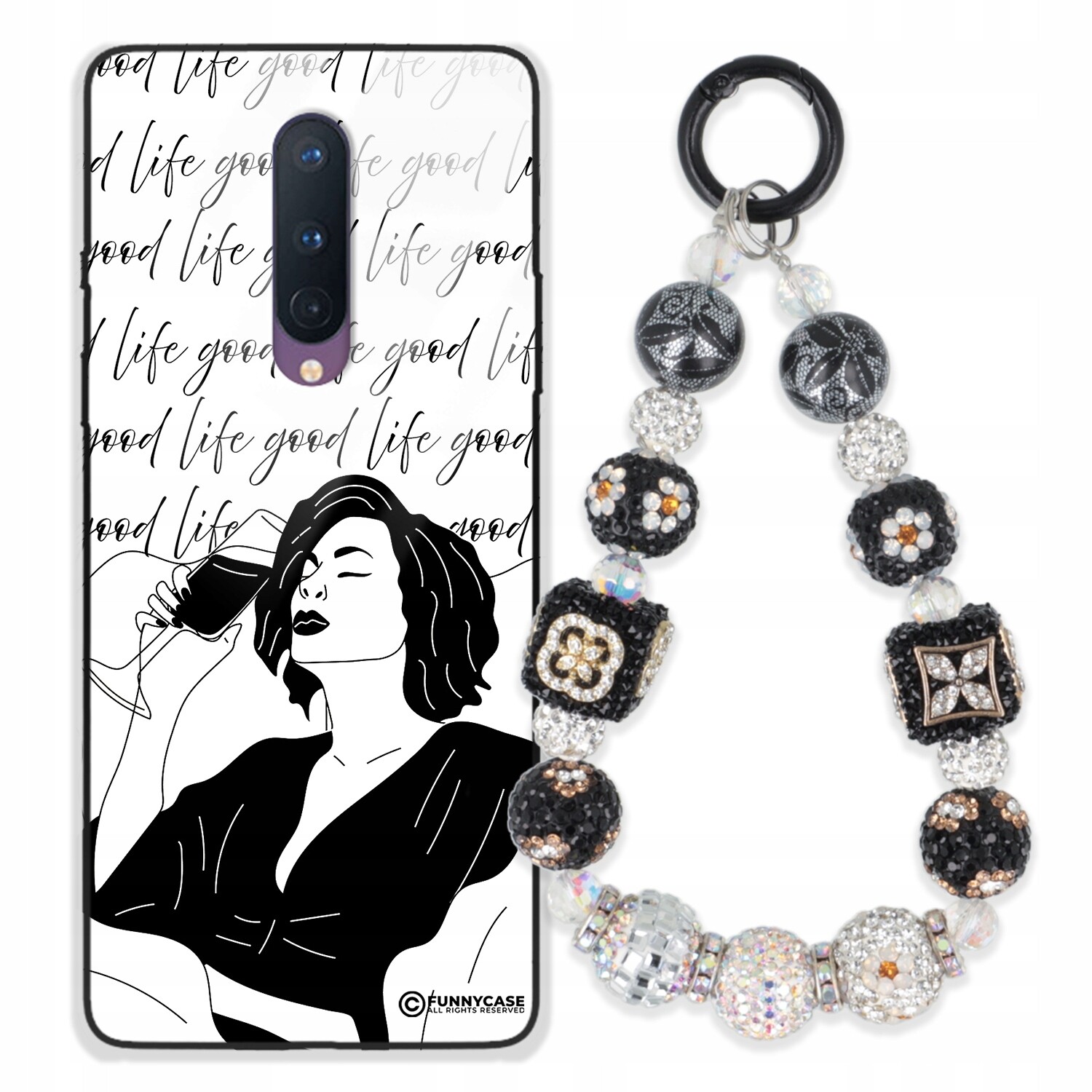 Oneplus 8 Skleněné Pouzdro, Černobílé Přívěsek Na Klíče Pouzdro Na Klíčenky Zirkony Vzorem Kamínků
