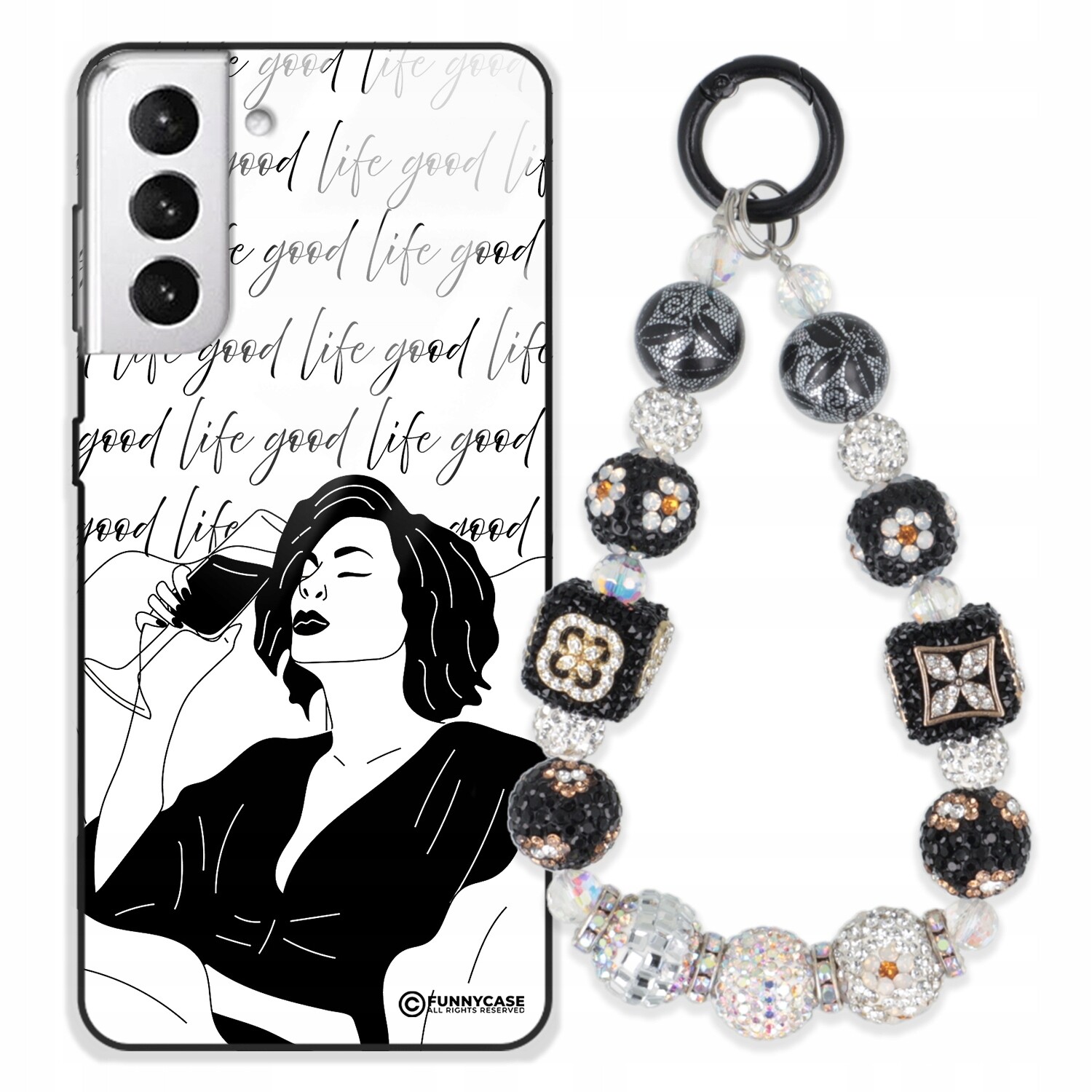 Pouzdro Pro Samsung S21 Plus Skleněné Umění Černobílý Přívěšek Na Zirkony S Stříbrnými Přívěsek Na Klíče Wz