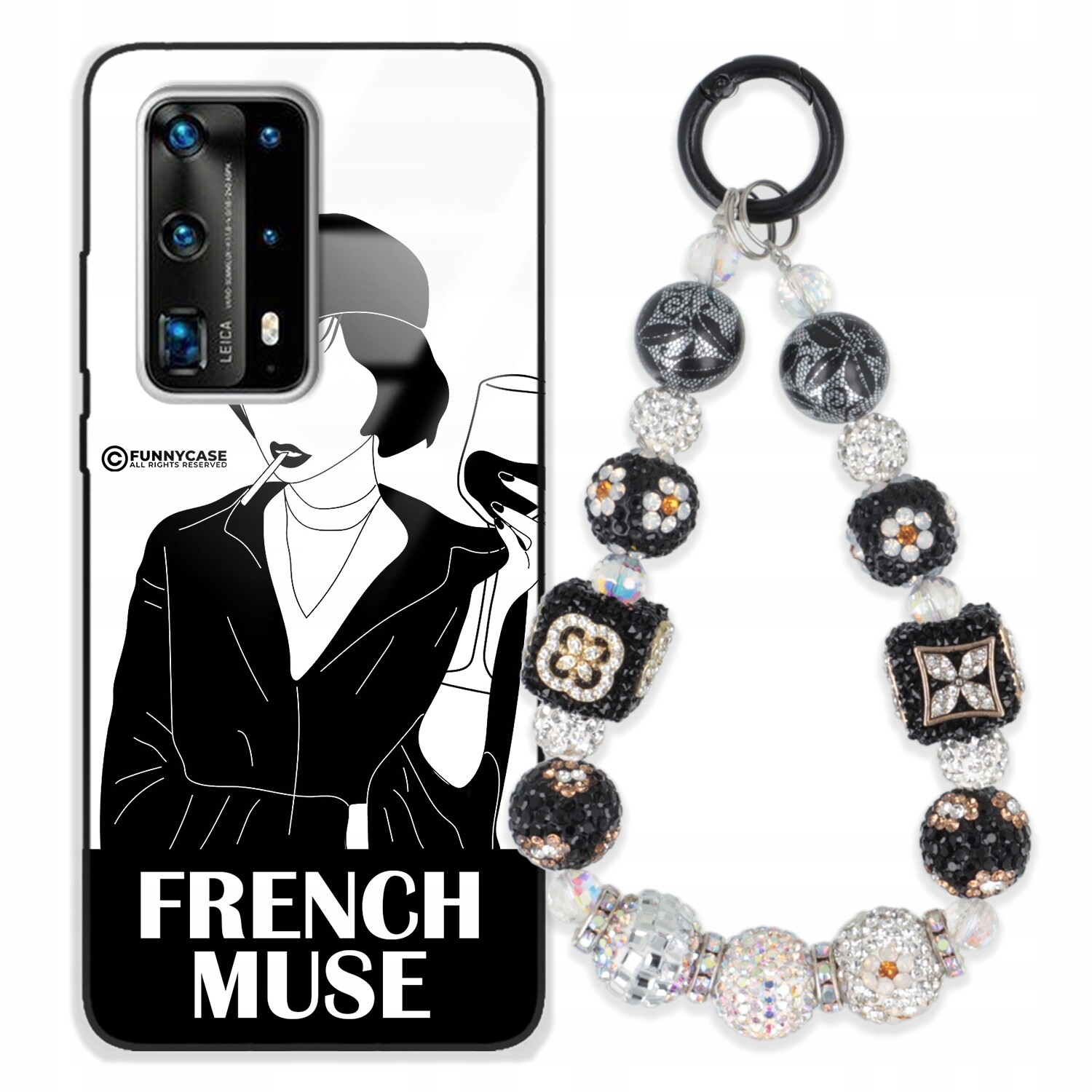 Pouzdro Pro Huawei P40 Pro Plus Skleněné Černobílé S Přívěskem Na Klíče Zirkony Přívěsek Na Klíče Wz