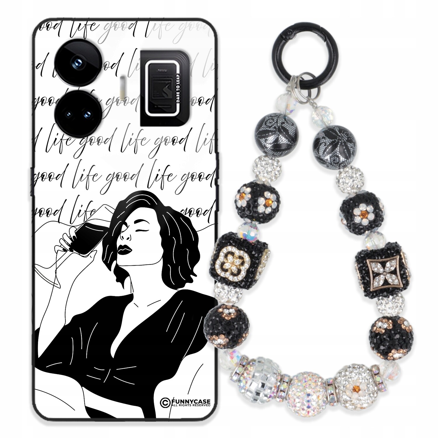 Pouzdro Pro Realme Gt Neo 5 Skleněné Umění Černobílý Přívěšek Na Klíče S Přívěsek Na Klíče Zirkony