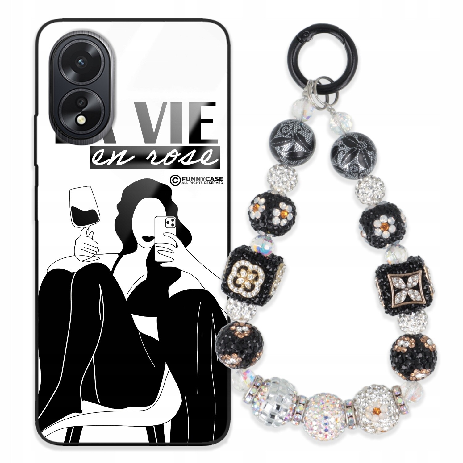 Pouzdro Pro Oppo A38 4G Skleněné, Černobílé Přívěsek Na Klíče Zirkony Wz